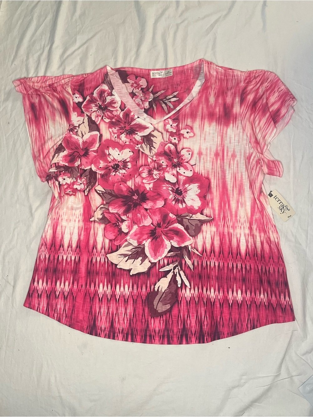 Terra & Sky Pink Floral Ombre Short Sleeve Top Size 2x